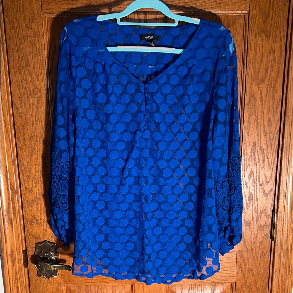 Alfani Blue Polka Dot Lace-Sleeve Blouse